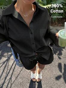Muchica Conjunto de camisa y pantalones cortos blancos de tejido casual para vacaciones de verano - Negro - Ver 3