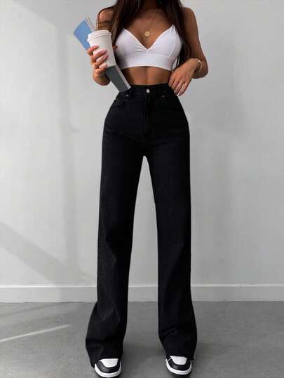 SHEIN Tall بنطلون جينز نسائي بقصة مستقيمة كاجوال من القطن 100% غسيل أسود بإغلاق أزرار