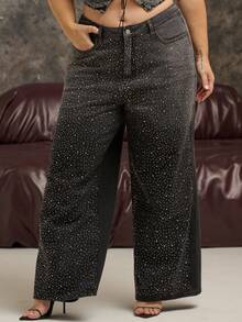 Lele Munniz Plus Size Women's Fashion Rhinestone Embellished Wide Leg Jeans Casual Black - Black - View 6