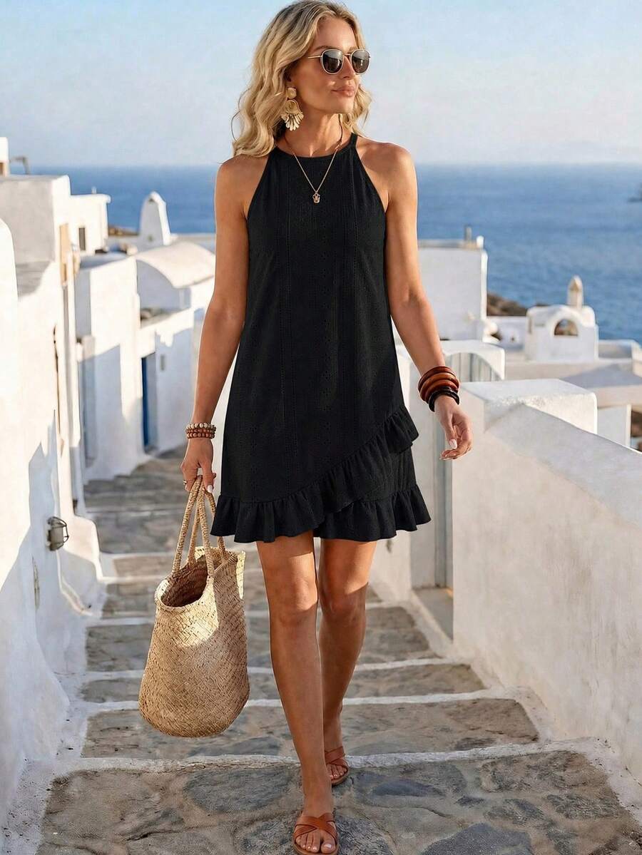 SHEIN Vestido de mujer de unicolor con cuello halter y dobladillo con volantes para vacaciones - Negro - Ver 1
