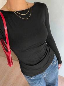 Siren Gaze T-shirt da donna a maniche lunghe con pieghe, colore unito, versatile e alla moda per uso quotidiano - nero - Visualizzare 4