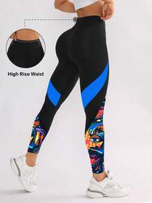 SHEIN Sports 女款眼睛印花口袋緊身褲，適用於日常健身與運動 - 彩色 - 查看 2
