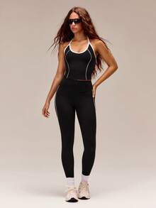 GLOWMODE FeatherFit™ In It To Win It Soft Sweat-Wicking Lightweight Colorblock Halter Tank Top With Removable Cups Yoga Pilates Studio Daily Active Wear - Black - View 7