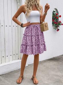 Breezaya Rok Bertingkat Berenda Motif Bunga untuk Liburan Musim Semi/Panas - Purple - View 6