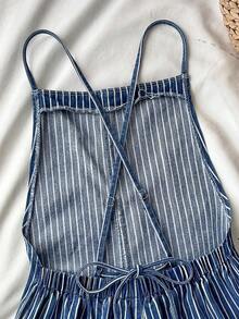 SHEIN Teen Girls Navy Blue Thin Stripe Denim Loose Halter Top And Bottom Shorts For Rave Outfits Summer Casual Back-To-School Prom - Blue - View 7