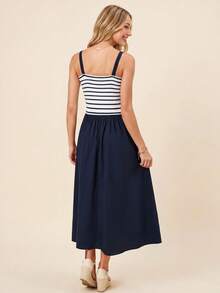 Coeurva Damen Mode Elegant Lässig Urlaub Romantisch Stretch Strick Gestreift A-Linie Weiß & Blau Kleid, Damen Country Musik Festival Outfit, Damen Sommerurlaub Date Pendeln Outfit, Damen Blaues Kleid - Blau - Übersicht 2