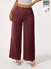 SHEIN PETITE 100% Washed Cotton Low Waist Straight Pants ,Petite Women - Brown - View 4