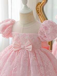 SHEIN Glamorique Kids 花童女童生日派對優雅公主禮服洋裝，杏色碎花設計，背部大蝴蝶結，可愛端莊優雅，四季皆宜 - 粉色 - 查看 6