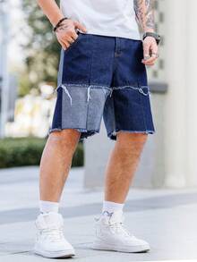 Manfinity LEGND Pantalones cortos de mezclilla holgados y casuales para hombre con dobladillo deshilachado, pierna ancha y bolsillos laterales - Azul - Ver 7