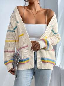 SHEIN Áo khoác cardigan trễ vai họa tiết sọc nhiều màu, áo dài tay - Nhiều màu - Xem 3