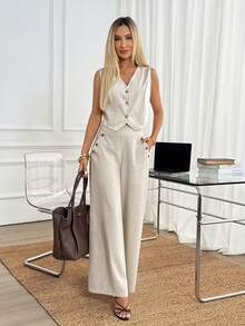 Easowa Women's High-Waisted Wide-Leg Long Pants With Diagonal Pocket And Button Decor, Comfortable Fabric, Casual Relaxed Elegant Commute Old Money Style - Apricot - View 7