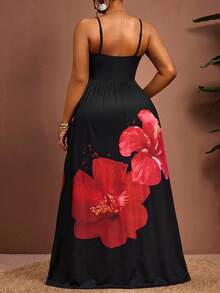 Truni Robe de style vacances décontractée et sexy pour femmes grandes tailles, base noire avec imprimé hibiscus hawaïen rouge, style vacances, pour morphologie poire et triangle - Noir - Voir 6