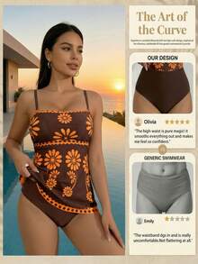 SHEIN Swim 2 piezas Conjunto de bikini con estampado floral verde de alta elasticidad para mujer, incluye parte superior tipo bandeau con estampado floral y Bottom triangular de unicolor, conjunto de bikini elegante para fiestas de playa de primavera/verano - Multicolor - Ver 5