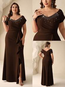 Coutiva Plus Size Women's Rhinestone Decorated Patchwork Ruffle Elegant Bridal Mother Dress - Brown - View 7