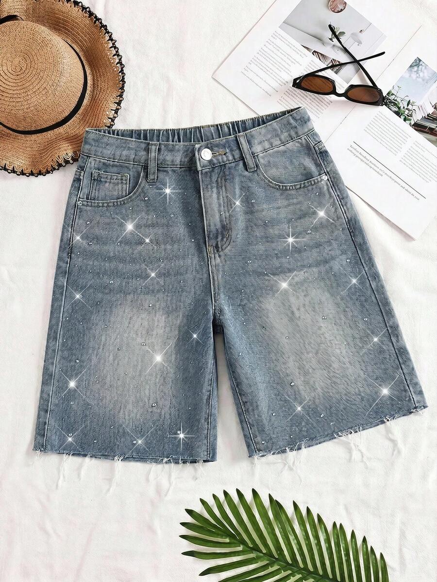 SHEIN Shorts vaqueros casuales de verano para adolescentes con bolsillos en diagonal y lavado con diamante de imitación - Azul lavado medio - Ver 1