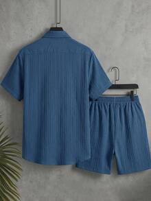 Surfspeed Men's Solid Color Short Sleeve Single-Breasted Shirt And Drawstring Waist Shorts Beac Holiday / Vacation / Beach / Hawaii / Tropical / Swim /  Bathing - Blue - View 3