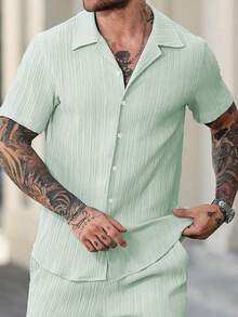 Manfinity Homme Camisa casual de manga corta de un solo pecho de unicolor para hombre, ceremonia - Verde - Ver 3