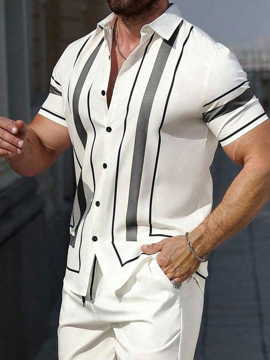 Manfinity Homme 男士對比條紋前開扣標準版型短袖休閒襯衫,適合夏季度假、正式場合、典禮 - 彩色 - 查看 1
