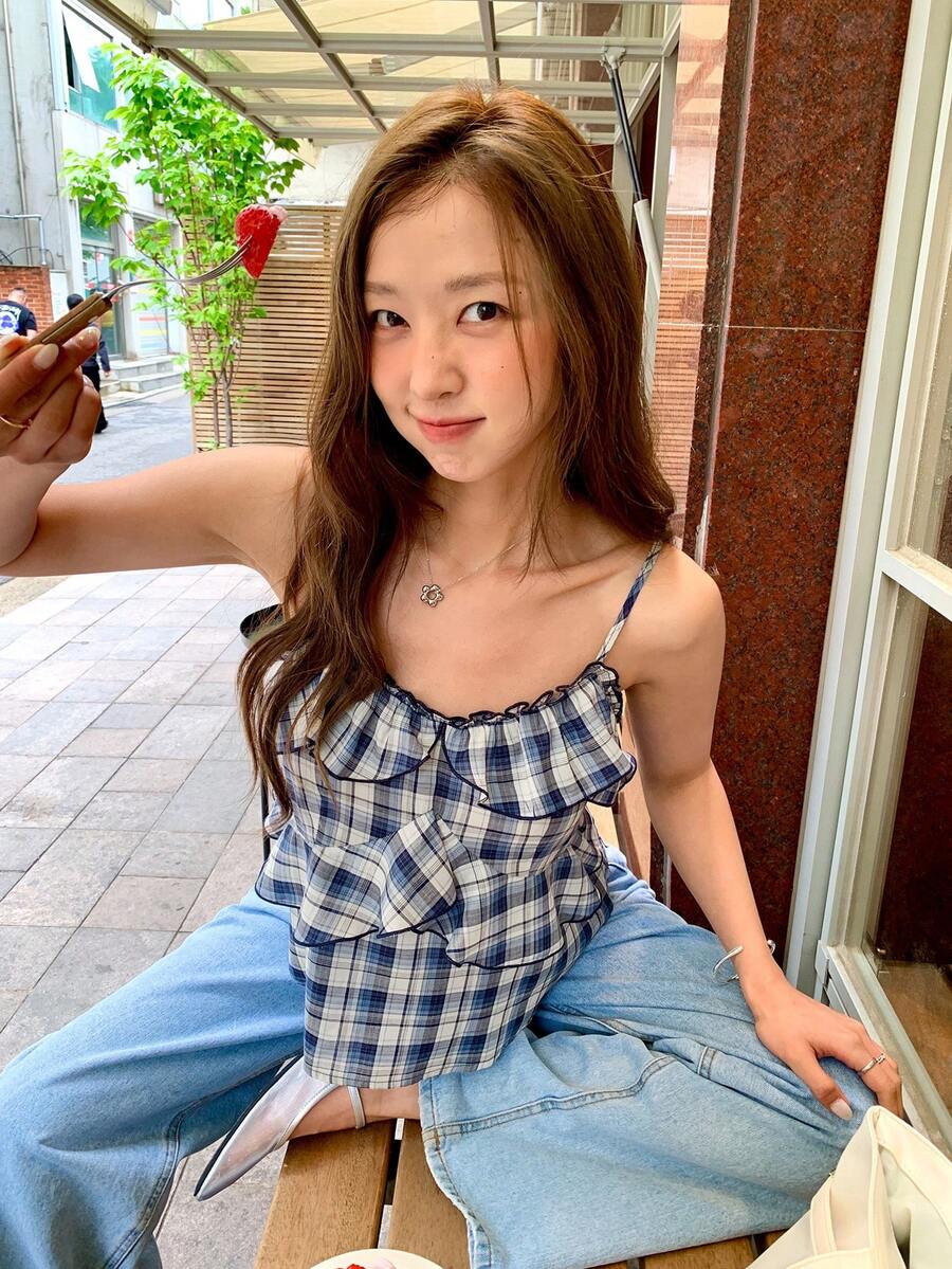 DAZY 格紋吊帶背心荷葉邊蕾絲休閒度假夏季女款圖案背心上衣 - 藍色 - 查看 1