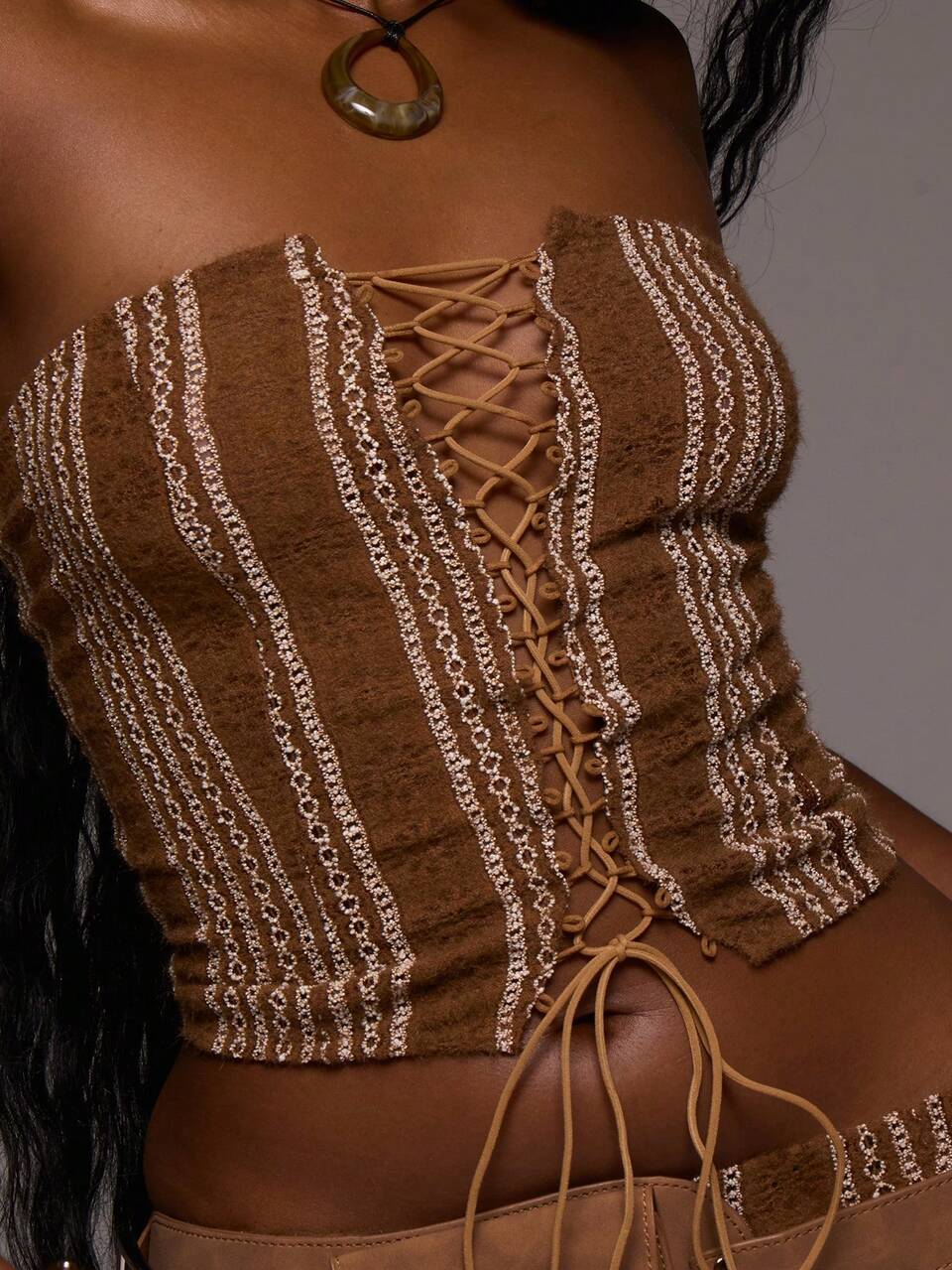 Brown Woven Design Stripe Lace Up Front Corset Top