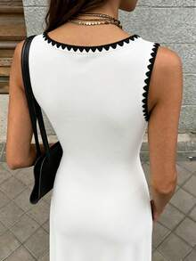 Cévolie Shell Embroidery Contrast Trim Square Neck Sleeveless Fitted Dress, Sexy Vibe - White - View 3