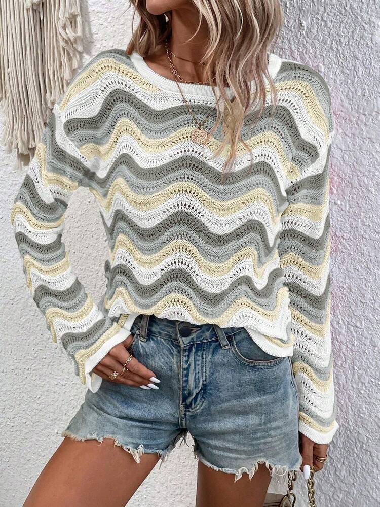 Hotletica Spring/Autumn Casual Color-Block Wavy Pattern Sweater - Multicolor - View 6