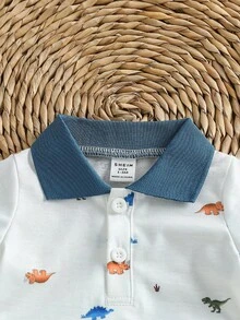 SHEIN 夏季新生男嬰2件套，時尚休閒套裝，包含棕櫚樹與船隻印花POLO衫及彈性腰圍短褲，舒適面料，適合新生兒至1歲，適合日常穿著與戶外活動 - 藍白色 - 查看 7