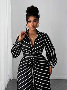 Maweii Plus Size Women's Casual Striped Knit Twist Design Long Sleeve Dress - Multicolor - View 7