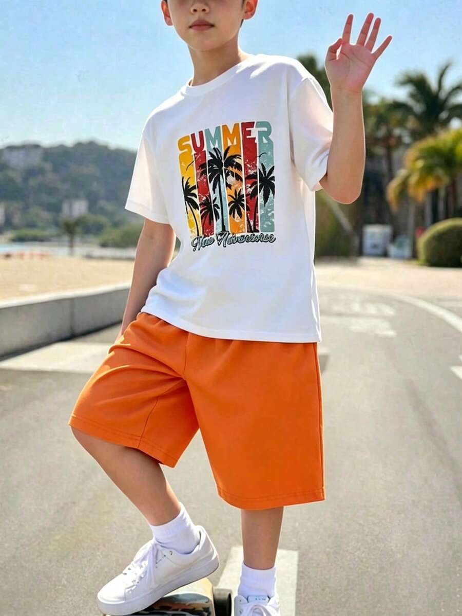 青少年男孩休閒時尚舒適百搭2件套,男孩運動休閒服飾,柔軟舒適短袖與短褲運動套裝,夏季首選,度假休閒穿搭,開學派對,適合度假、戶外野餐、街拍、校園、節日、禮品使用 - 彩色 - 查看 1