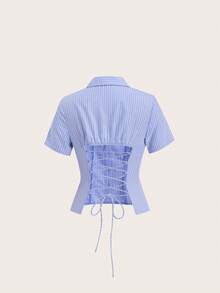 Firerie Women's Striped Back Lace-Up Design Casual Versatile Daily Outing Top - Blue - View 5