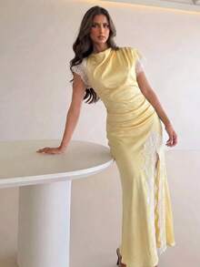 Aloruh Women's Elegant Light Yellow Dress, Sexy High Slit Lace Trim Asymmetric Short Sleeve Dress - Light Yellow - View 1