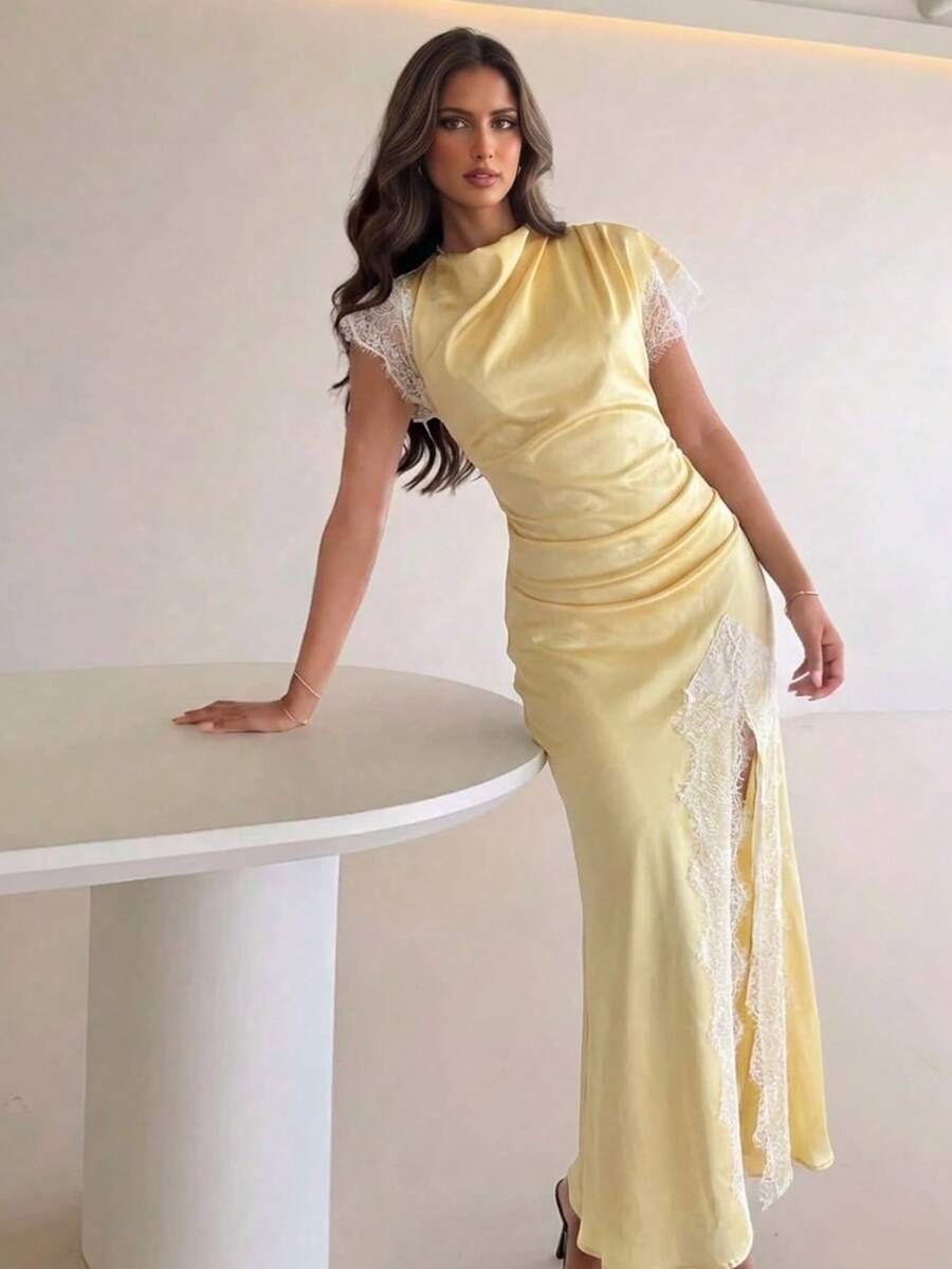 Aloruh Women's Elegant Light Yellow Dress, Sexy High Slit Lace Trim Asymmetric Short Sleeve Dress - Light Yellow - View 1
