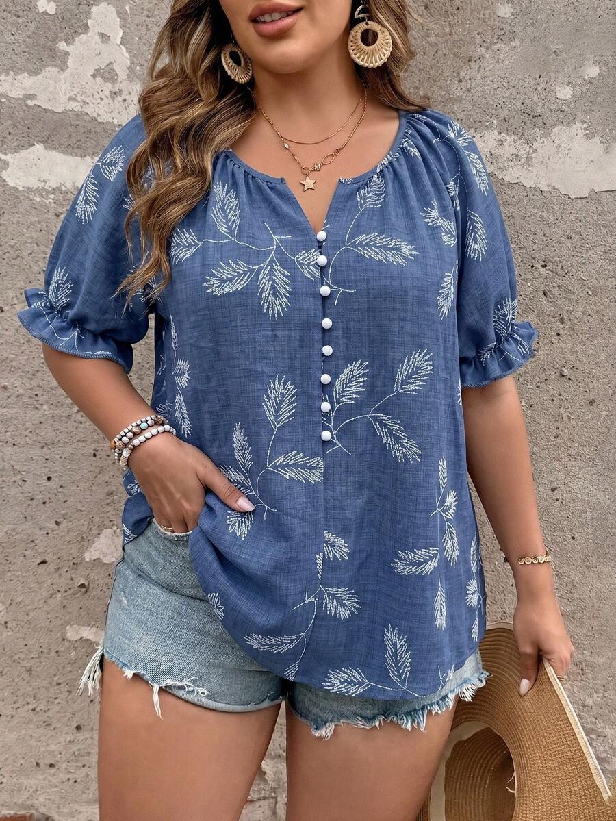 Ceyna Plus Size Women's French Casual Boho Elegant Faux Embroidery Print Short Sleeve Shirt Vacation Blue And White Summer - Navy Blue - View 1