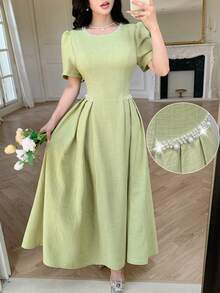 Modelyn Spring/Summer Solid Color Round Neck Short Sleeve Beaded Women's Dress Tea Party Light Green Elegant - Green - View 7