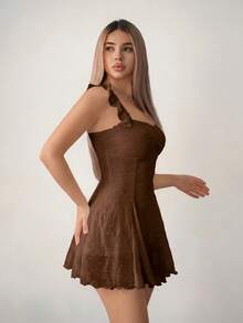 Sweetina Women's Solid Color Ruffle Back Tie Fashion Mini Dress - Brown - View 5