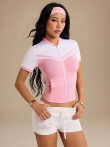 Dewbera Dewbera Exploreva Y2K Color Block Sports Jacket Stand Collar Zip Up Cropped High Stretch Quick Dry Gym Yoga Commute Jacket Workout Clothes For Women - Pink - View 5