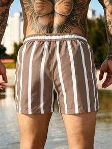Manfinity KASUA Men's Drawstring Waist Striped Colorblock Casual Vacation Beach Shorts, Holiday - Khaki - View 2