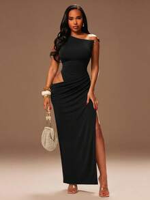 Radiana Summer Sexy Elegant Black Asymmetrical Shoulder Cutout Waist Design Fitted Dress, Jumpsuit, High Slit, Metal Buckle Decor Night Out Dinner - Black - View 4