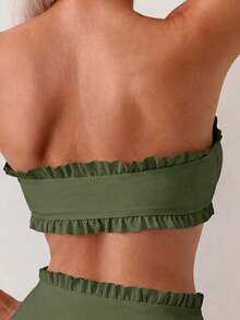 Swim Basics 女款夏季海灘純色荷葉邊飾抹胸比基尼套裝，前打結設計，兩件式泳衣黑色泳裝 - 綠色 - 查看 5