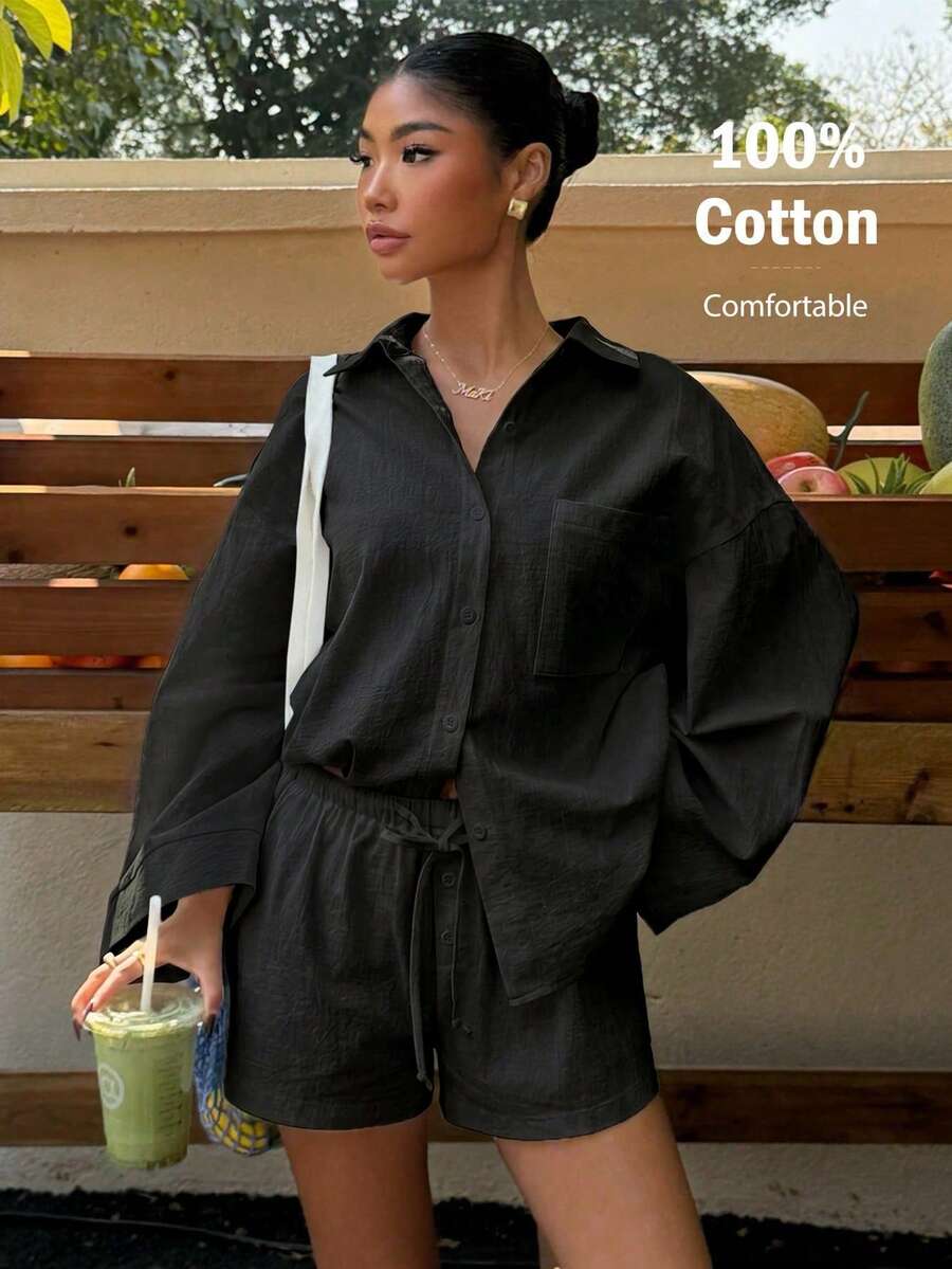 Muchica Conjunto de camisa y pantalones cortos blancos de tejido casual para vacaciones de verano - Negro - Ver 1