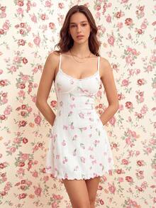 Elorette Tulip Print Lace Patchwork Sexy Backless Women's Jacquard Nightgown - Beige - View 3