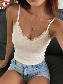 DAZY 女款蕾絲拼接圓領修身基本款吊帶背心 - 白色 - 查看 5