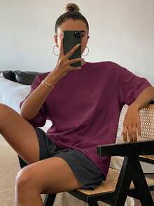DAZY 純色寬鬆短袖T恤與短褲2件組女款居家休閒服 - 紫色 - 查看 3