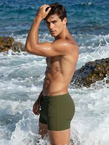 ZELFYO Men's Solid Color Swim Trunks For Vacation And Beach, Holiday - Army Green - View 5