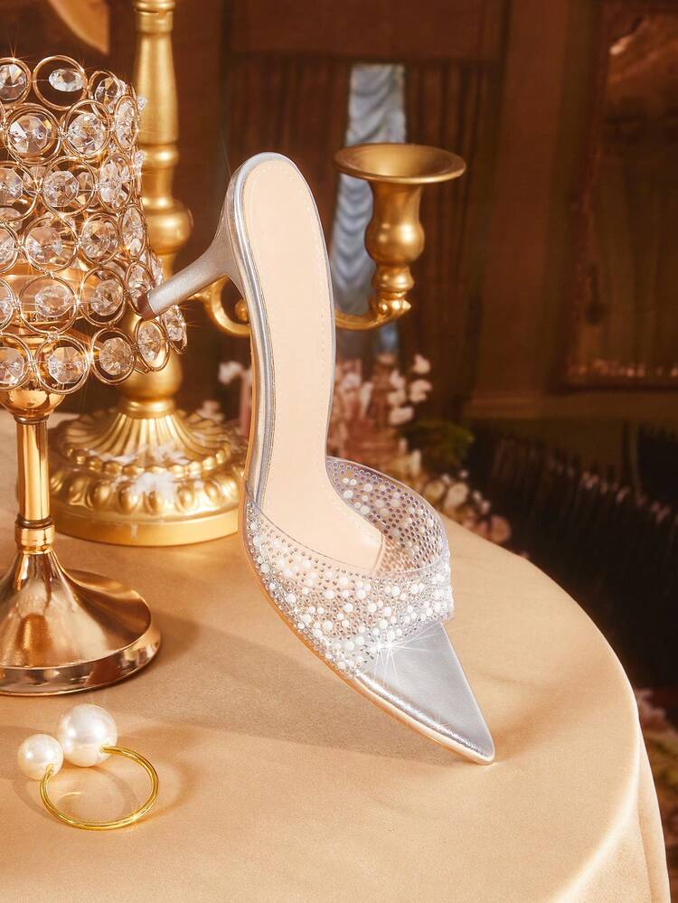CUCCOO TILAWA Women's Fashion, Women's High-Heeled Sandals, Silver, Pearl Rhinestones, Clear TPU Material, Pointed, Commuting, Comfort, Indoor, Office, Street, Party, Travel, Vacation, Spring And Summer, Suitable For Dresses, Jeans, Shorts, Stiletto Slippers