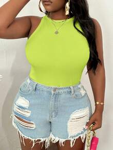Slaydiva Plus Size Casual Basic Fitted White Crew Neck Off-Shoulder Tank Top-C - Olive Green - View 5