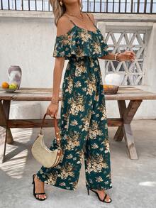 SHEIN Clasi 女款春夏優雅浪漫度假風細肩帶連身褲 - 墨綠色 - 查看 5