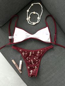 Costavie 夏季海灘女款兩件式套裝 刺繡亮片迷你杯雙肩帶上衣比基尼 雙繩泳褲 性感海灘度假泳裝套裝 - 紅色 - 查看 3
