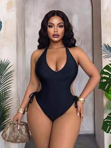 Maweii Traje de baño de una pieza con cuello en V profundo, unicolor y sexy para mujer de talla grande - Negro - Ver 4