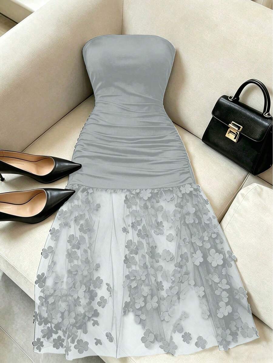 SHEIN Franclia Đầm dạ hội sang trọng, thanh lịch, phối ren hoa tương phản, xếp ly eo, ôm sát, không dây vai, màu trơn, gợi cảm dành cho phụ nữ. - Xám - Xem 1